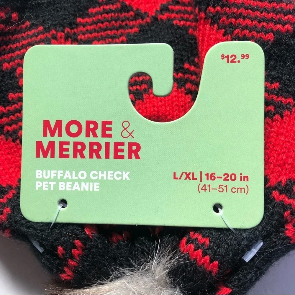 NWT holiday check winter beanie Pom Pom dog hat L/XL